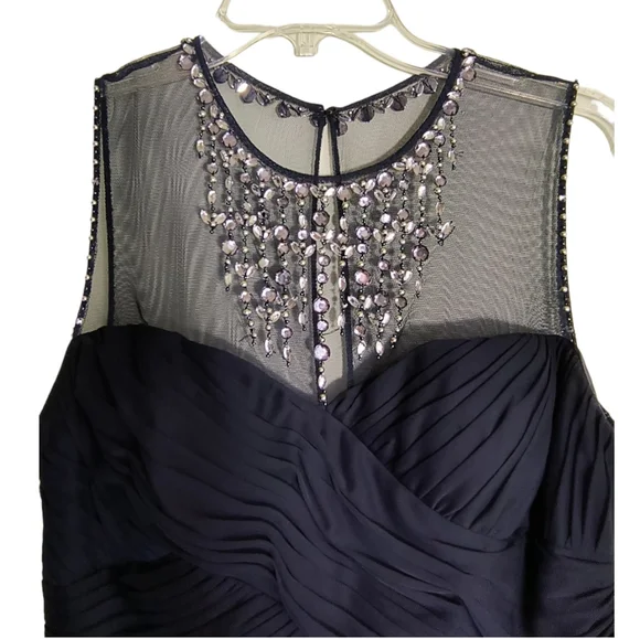 Adrianna Papell Navy Blue Sleeveless Embellished Mesh Ruched bodycon dress SZ 8 - Picture 3 of 15